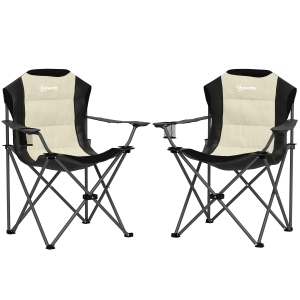 Outsunny Folding Camping Chairs, Set of 2 High Back Folding Chairs with Cup Holder, Padded Camping Chairs for Outdoor Events, Cream