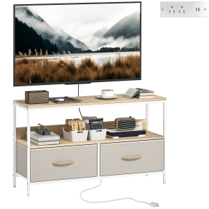 HOMCOM TV Stand with Storage and Charging Station, TV Table with 2 Foldable Linen Drawers and Open Shelf for 47 Inch Television, Entertainment Center for Living Room, Oak