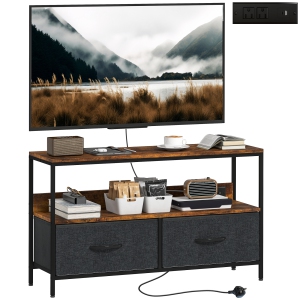 HOMCOM TV Stand with Storage and Charging Station, TV Table with 2 Foldable Linen Drawers and Open Shelf for 47 Inch Television, Entertainment Center for Living Room, Rustic Brown