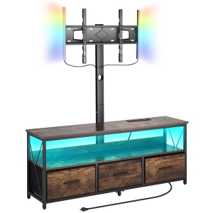 VEVOR 52" TV Stand with Mount for up to 75 in TVs, Entertainment Center with Power Outlet & LED Lights, Height Adjustable TV Console with Mount with 3 Drawers for Bedroom, Brown