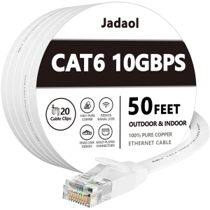 Cat 6 Ethernet Cable 50 ft, Outdoor&Indoor 10Gbps Support Cat8 Cat7 Network, Flat Internet RJ45 LAN Patch Cords, Solid High Speed Computer Wire with Clips for Router, Modem, PS4/5,