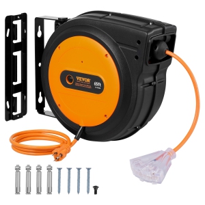 VEVOR 65 FT Retractable Extension Cord Reel, Heavy Duty 12AWG/3C SJTOW Retractable Power Cord with Lighted Triple Tap Outlet, 15 Amp Circuit Breaker 180° Swivel Bracket for Ceiling
