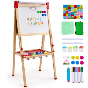 VEVOR 3-in-1 Wooden Double-Sided Kid's Art Easel with Magnetic Whiteboard, Chalkboard & Paper Roll, Adjustable Standing Drawing Board with Painting Accessories for Boys and Girls