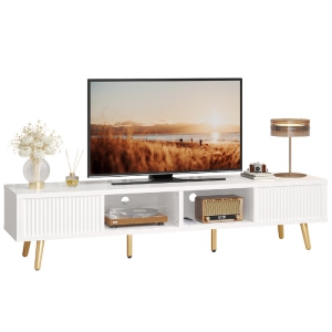 Bestier 71" TV Stand with Sliding Doors, Mid-Century Modern Media Console for 75" TV, Glossy Entertainment Center with Solid Wood Legs