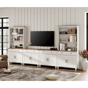 WAMPAT Entertainment Center with Bookshelves for TVs up to 75", Farmhouse TV Stand with 8 Doors & 4 Drawer, Media Console Table for Living Room, Bedroom & Home Theater, Off White