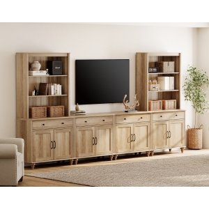 WAMPAT Entertainment Center with Bookshelves for TVs up to 75", Farmhouse TV Stand with 8 Doors & 4 Drawer, Media Console Table for Living Room, Bedroom & Home Theater,Oak