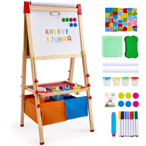 VEVOR 3-in-1 Wooden Double-Sided Kid's Art Easel with Magnetic Whiteboard,Chalkboard, Paper Roll, Adjustable Standing Drawing Board with Painting Accessories, Storage for Boy Girl