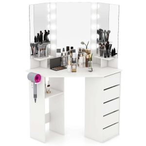 Costway Corner Vanity Desk Cosmetic Vanity Station with LED Mirror,& Power Outlets
