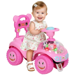 Qaba Push Car for Toddlers, Foot-to-Floor Ride on Car Toy with Horn, Light, Music, Anti-Over-Backwards Device, Steering Wheel, Under Seat Storage for 1.5-3 Years Old, Pink