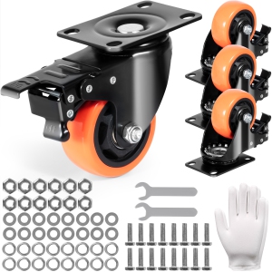 VEVOR 3-inch Caster Wheels, Swivel Plate Casters, Set of 4, with Security A/B Locking No Noise PVC Wheels, Heavy Duty 250 lbs Load Capacity Per Caster, Non-Marking Wheels for Cart