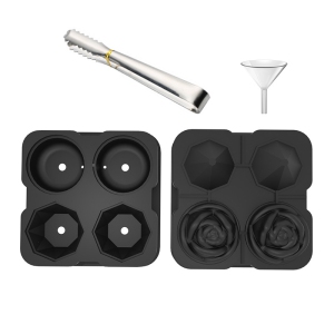 Food Grade Silicone Ice Ball Molds (2 Shapes + 4 Grids) with Splash-Proof Lid, Ice Tongs and Funnel, Home Whiskey Cocktail Ice Maker (2 Pieces)