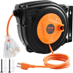 VEVOR 30 FT Retractable Extension Cord Reel,16AWG/3C SJTOW Power Cord, with Lighted Triple Tap Outlet 10 Amp Circuit Breaker, for Ceiling or Wall Mount Garage and Shop, ETL Listed