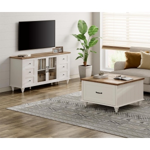 WAMPAT Farmhouse TV Stand and Coffee Table Set of 2, Square Coffee Table with Lift Top & Drawer, White Entertainment Center for 70 Inch TV, 2 Piece Living Room Table Set, White