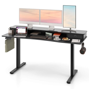 Costway 63" x 24" Electric Standing Desk with 2 Drawers Monitor Stand Storage Shelf Brown/Black/White
