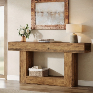 Lantine Console Table, Farmhouse 2-Tier Entryway Table with U-Shaped Base, Narrow Long Wood Sofa Table Behind Couch Table for Living Room, Storage and Organization