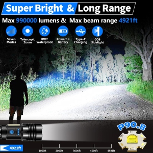 Rechargeable Flashlight 990000 High Lumens, 7 Modes & COB Lights, IPX7 Waterproof, Powerful Led Tactical Flashlights with Zoomable, Brightest Flash Lights for Camping, Emergencies