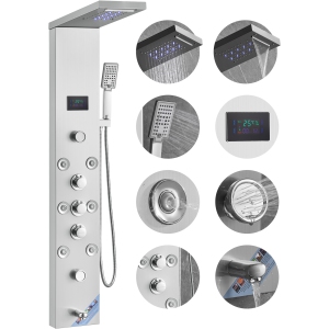 VEVOR Shower Panel System, 6 Shower Modes, LED & Screen Hydroelectricity Shower Panel Tower, Rainfall, Waterfall, 8 Massage Jets, Tub Spout, Stainless Steel Wall-Mounted Shower Set