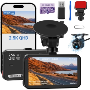 Dash Cam Front and Rear Camera, Dash Cam WiFi/APP Control Dashcam W/ 64GB Card, 2.5K Dashcam Front + 1080P Rear Car Dash Camera W/Super Night Vision,2.5K Dash Cam Front