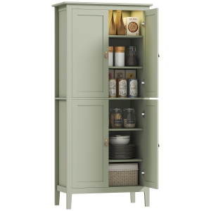 HOMCOM 69" Tall Kitchen Pantry Cabinet with Motion Sensor LED Light, 3-Colour Dimmable Lighting, Modern Freestanding Buffet Storage Cabinet with Doors and Adjustable Shelves, Green