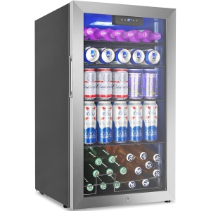Beverage Refrigerator Cooler, 128 Cans Mini Fridge Glass Door for Drink Beer Soda Wine, 3.2 Cu.Ft Small Fridge with 4 Adjustable Removable Shelves, Stainless Steel