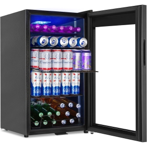Beverage Refrigerator Cooler, 128 Cans 3.2 Cu.Ft Mini Fridge Glass Door for Drink Beer Soda Wine, Small Fridge with 4 Adjustable Removable Shelves, Black