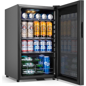Beverage Refrigerator Cooler, 17 Inch 120 Cans Freestanding Mini Fridge with Glass Door, Adjustable Shelves and LED Light, Small Drink Fridge Counter-top Beer Fridge
