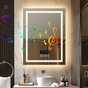 LUVODI 24"x32" LED Bathroom Mirror with Lights, Built-in Bluetooth Speaker, Anti-Fog Dimmable 3 Lights Setting Backlit + Front Lit, Lighted Vanity Makeup Wall Mirror, Time Display