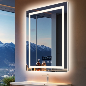LUVODI 28"x36" LED Bathroom Mirror with Lights, Built-in Bluetooth Speaker, Anti-Fog Dimmable 3 Lights Setting Backlit + Front Lit, Lighted Vanity Makeup Wall Mirror, Time Display