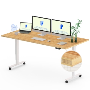 FlexiSpot Dual-Motor 3-Stage Electric Standing Desk with 60x30 Inch Bamboo Desktop and White Frame Heavy-Duty Height Adjustable Design