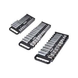 VEVOR 3-Piece Socket Organizer Tray, Metric & SAE Socket Organizer Set, 1/4'', 3/8'' and 1/2'' Socket Holder with Handle & Magnetic Base for Tool Box Drawer, Hold up to 76 Sockets
