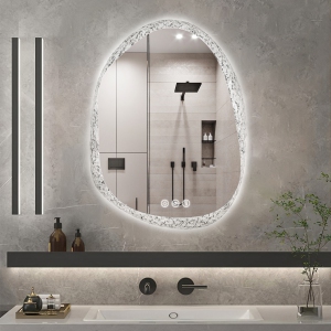 LUVODI Lighted LED Bathroom Mirror 20"x28" Irregular Stone Pattern Frosted Wall Vanity Mirror with Bright Back Lit Modern Dimmable Smart Mirror Anti Fog with Touch Switch Sensor