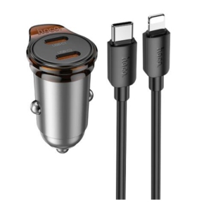 45W PD Dual USB-C Ports Fast Charging Car Charger Adapter Bluetooth Music FM Radio Transmitter & Lightning Cable