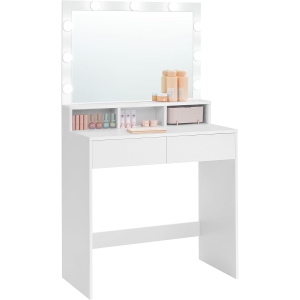 VASAGLE Modern Makeup Vanity Table with Adjustable Brightness, Large Mirror, 2 Drawers, and 3 Compartments, Cloud White