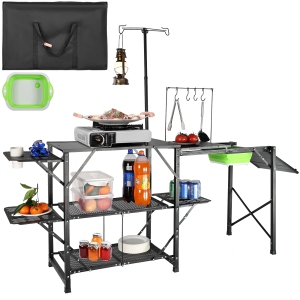 VEVOR One-piece Camping Kitchen Table, Folding Portable Cook Station with A Carrying Bag, Long Aluminum Camping Table 3 Side Tables, 2 Shelves & A Detachable Sink for BBQs, Camping