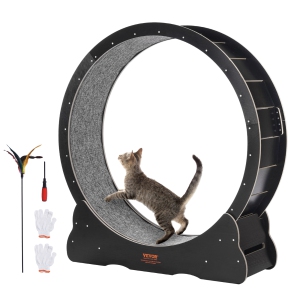 VEVOR 43.3in Wooden Cat Exercise Wheel, Large Cat Treadmill Wheel for Indoor Cats, with Detachable Carpet & Cat Teaser for Running/Walking/Training, Suitable for Most Cats Black