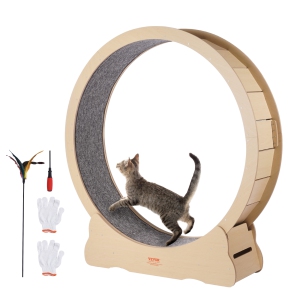VEVOR 52 in Wooden Cat Exercise Wheel, Large Cat Treadmill Wheel for Indoor Cats, with Detachable Carpet & Cat Teaser for Running/Walking/Training, Suitable for Most Cats