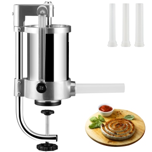 VEVOR 2.5LBS/1.5L Capacity Sausage Stuffer, 304 Stainless Steel Vertical Sausage Stuffer, Sausage Filling Machine with 3 Stuffing Tubes, Suction Base and Manual Crank for Household