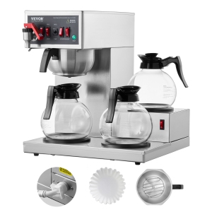 VEVOR 12 Cups Commercial Drip Coffee Maker, Coffee Maker Machine with 3 Glass Carafes and 3 Warmer Plates, Stainless Steel Pour Over Coffee Brewer for Restaurant, Office, Cafe