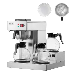 VEVOR 12 Cups Commercial Drip Coffee Maker, Coffee Maker Machine with 3 Glass Carafes and 3 Warmer Plates, Stainless Steel Pour Over Coffee Brewer with Auto Water Intake