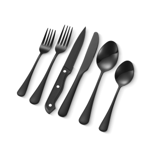 VEVOR 48-Piece Black Silverware Set with Steak Knives,Food-Grade Stainless Steel Flatware Utensils for 8,Mirror Finished Cutlery Set, Dishwasher Safe Eating Tableware,Service for 8