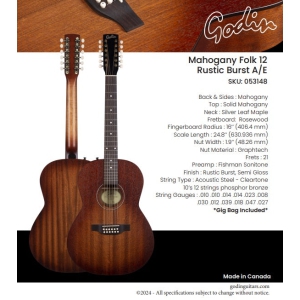 Godin 053148 12 String Acoustic Electric Mahogany Folk Rustic Burst with Bag - MADE IN CANADA