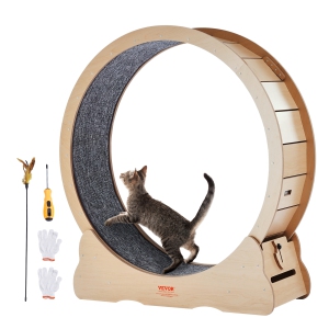 VEVOR 43.3 in Wooden Cat Exercise Wheel, Large Cat Treadmill Wheel for Indoor Cats, with Detachable Carpet & Cat Teaser for Running/Walking/Training, Suitable for Most Cats Yellow
