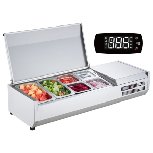 VEVOR 135 W Refrigerated Condiment Prep Station, Countertop Refrigerated Condiment Station, with 2 1/3 Pans & 4 1/6 Pans, 304 Stainless Body and PC Lid, with Stainless Guard, ETL