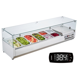 VEVOR 150 W Refrigerated Condiment Prep Station, Countertop Refrigerated Condiment Station, with 4 1/3 Pans & 4 1/6 Pans, 304 Stainless Body and PC Lid,with Glass Guard, ETL