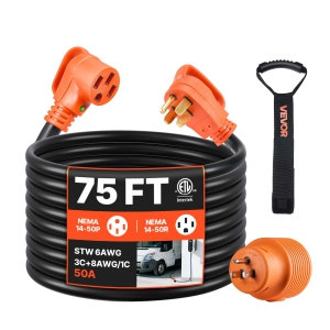VEVOR 75 FT RV Extension Cord, 50 Amp, 125V/250V 7500W Heavy Duty STW 6/3 + 8/1 Gauge Wire, NEMA 14-50P Male NEMA 14-50R Female Plug, with LED Indicator, 15A Adapter, ETL Listed