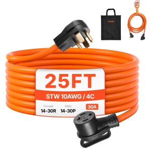 VEVOR 25 ft Dryer Extension Cord, 4-Prong NEMA 14-30P to 14-30R Dryer Cord, 125V/250V, STW 10AWG/4C, 30A, Pure Copper Wire Cable with Black Non-woven Bag and PVC Cable Tie