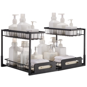 VEVOR 10.7"W x 14.2"D 2 Tier Pull Out Cabinet Organizer, Under Sink Organizer and Storage, Slide Out Drawer Cabinet Organizer, Wire Basket Shelf, 25.5"Wx15.5"Dx13"H Install Size