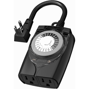 HBN Outlet Timer, 24 Hour Mechanical Outdoor Timer for Lights, Plug in Timer Waterproof, 2 Grounded Timer Outlets for String Lights and Holiday Decorations, 15A 1/2HP, Black