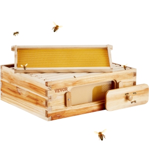 VEVOR Bee Hive Medium Box Starter Kit, 100% Beeswax Coated Natural Cedar Wood, Langstroth Beehive Kit with 10 Frames and Foundations, Transparent Acrylic Bee Windows for Beginners
