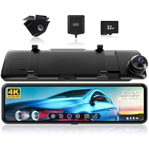 REDTIGER Rear View Mirror Camera with 33Ft Extension Cable,11'' 4K UHD Front and 1080P Mirror Dash Cam Front and Rear,GPS,Parking Monitor,Night Vision,Touch Scr